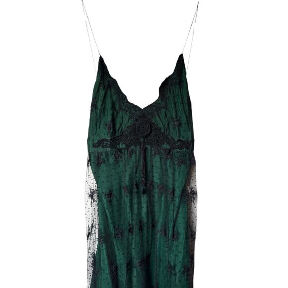 Miguelina Women's Medium Green Black Floral Sexy Sheer Lingerie Lace Slip Dress - Picture 3 of 11